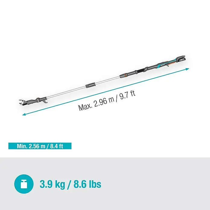 Gardena Power for All 18V Baumschere HighCut - 18 V, 1 Akku, Max. Aststärke: 28 mm, Länge: 255,7 cm - Abbildung einer Gardena-Teleskopstiel-Astschere mit Größen- und Gewichtsangaben.