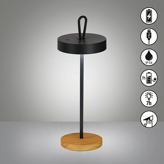 Fischer & Honsel Akku-Tischleuchte SHINE-WOOD (2,5 W, L x B x H: 12,8 x 12,8 x 46,6 cm, Sandschwarz/Eiche, Warmweiß, IP54)