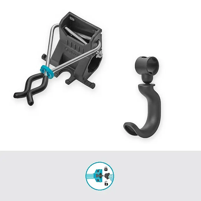 Gardena Halterung Set Einzelhalter & Einzelhaken - Traglast: 10 kg, Aluminium - Abgebildete sind eine Gardena Gerätehalterung zur praktischen Aufbewahrung von Gartengeräten und ein Gerätehaken zur flexiblen Anbringung.