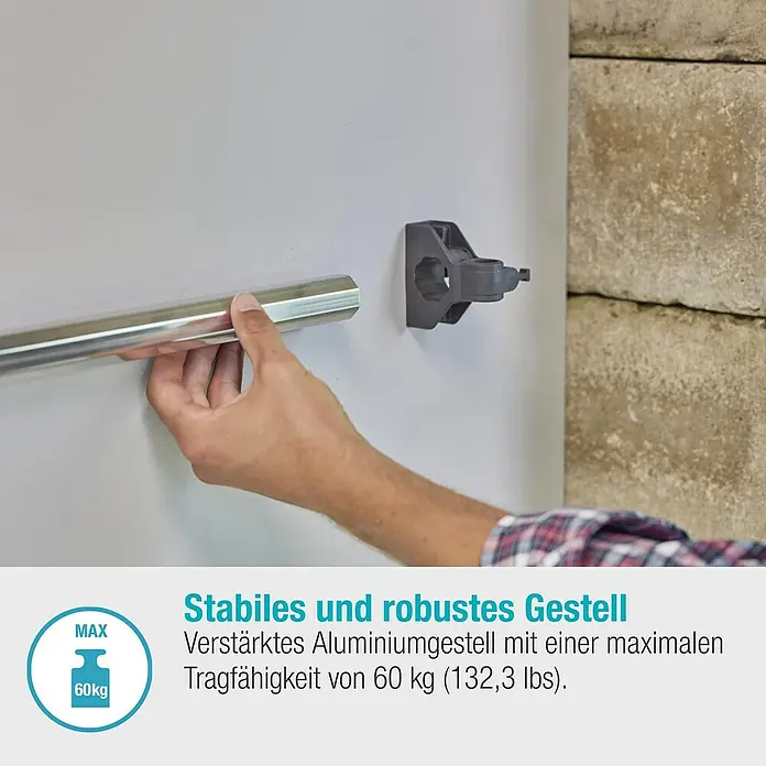 Gardena Halterung Plus - Traglast: 10 kg - Produktbild eines robusten, verstärkten Aluminiumgestells, das bis zu 60 kg Tragfähigkeit bietet, ideal für vielseitige Anwendungen.