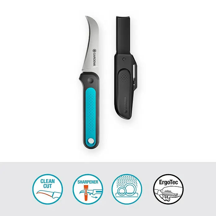 Gardena Erntemesser VeggieCut - Länge: 20,3 cm - Abbildung eines GARDENA Gartenmessers mit blauem Griff und dazugehöriger Messerscheide.