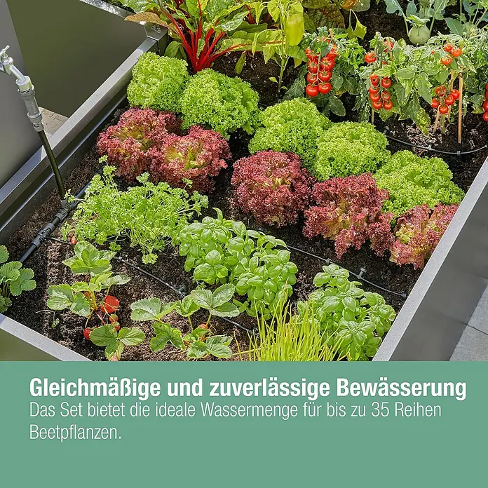 Gardena Micro-Drip Bewässerungs-Set Hochbeet/Beet Start-Set - 35 -tlg., Geeignet für: Reihenbewässerung, 35 Pflanzen - Eine erhöhte Gartenbeet mit Salat, Erdbeeren und Kräutern. Das Set bietet eine ideale Bewässerung für bis zu 35 Beetpflanzen.