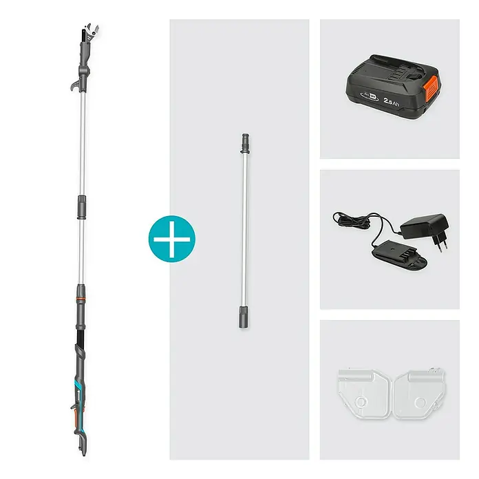 Gardena Power for All 18V Baumschere HighCut - 18 V, 1 Akku, Max. Aststärke: 28 mm, Länge: 360 cm - Bild eines Gardena Akku-Hochentasters, inklusive Zubehör wie Akku, Ladegerät und Schutzhülle.
