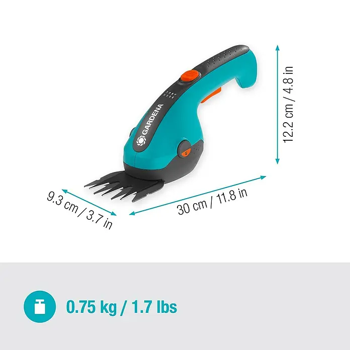 Gardena ClassicCut Akku-Grasschere Li - 3,6 V, 1 Akku, Schwertbreite: 8 cm - Abbildung einer GARDENA Akku-Grasschere mit Abmessungen und Gewicht. Ideal zum Trimmen von Rasenkanten und kleinen Flächen.