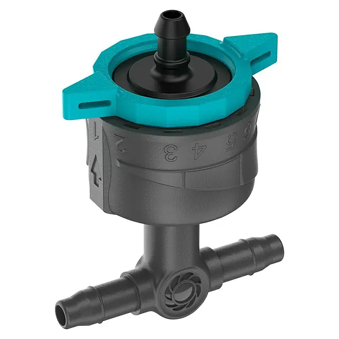 Gardena Micro-Drip Reihentropfer druckregulierend - 5 Stk., Max. Wasserdurchfluss: 8 l/h - Bild einer GARDENA Micro-Drip-System Endtropferleitung. Der Tropfer ist schwarz und blaugrün und hat ein einstellbares Durchflussvolumen.