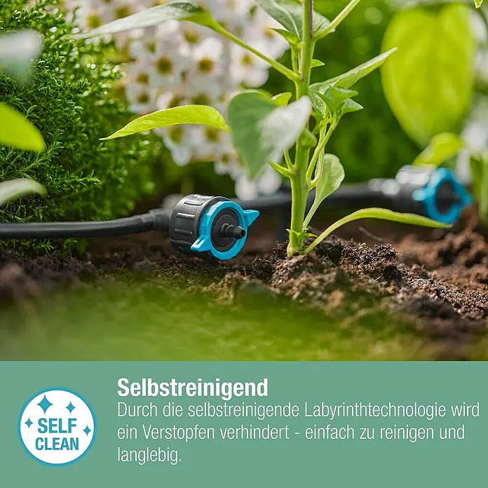 Gardena Micro-Drip Reihentropfer druckregulierend - 5 Stk., Max. Wasserdurchfluss: 8 l/h - Nahaufnahme eines selbstreinigenden Bewässerungssystems für Pflanzen im Garten, das Verstopfungen verhindert und langlebig ist.