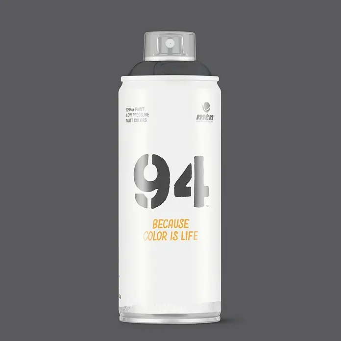mtn Pintura decorativa en spray 94 - Gris icaro, Mate, 400 ml - Bote de pintura en aerosol MTN 94 con el texto "BECAUSE COLOR IS LIFE" sobre fondo gris, ideal para proyectos artísticos.