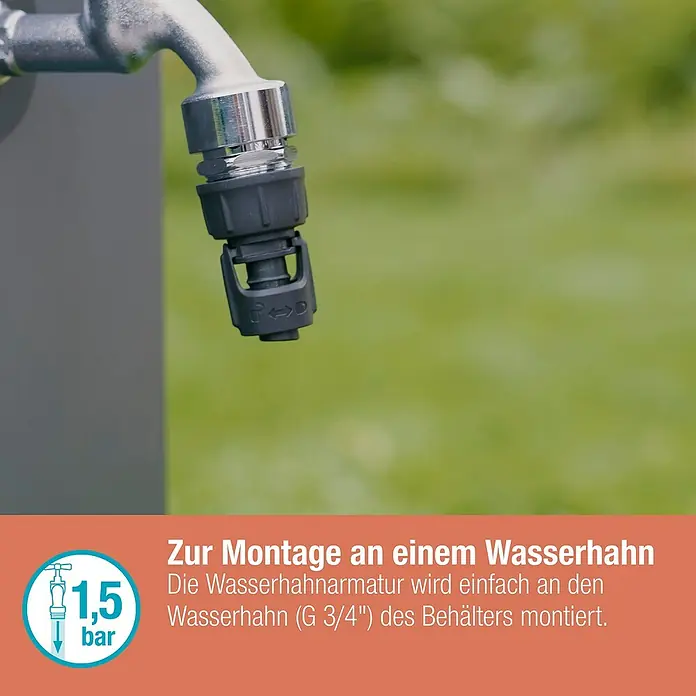Gardena Micro-Drip Hahnanschlussstück - 1/2" x 13 mm - Bild einer Wasserhahnarmatur. Die Armatur ist einfach an einem Wasserhahn (G 3/4") montiert.