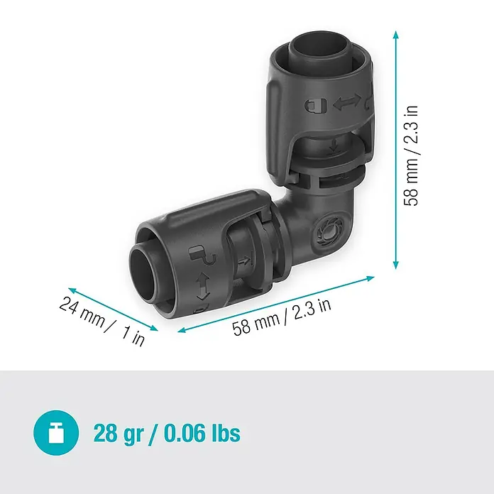 Gardena Micro-Drip L-Stück - 1/2" x 13 mm, 2 Stk. - Bild eines Gardena Micro-Drip-System-Eckverbinders mit den Maßen 58 mm x 58 mm x 24 mm und einem Gewicht von 28 g.