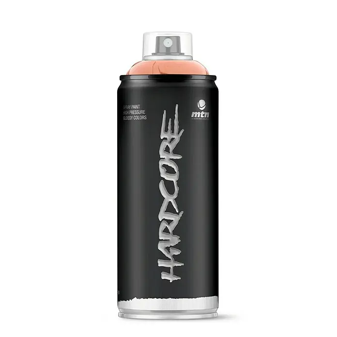 mtn Pintura decorativa en spray Hardcore - Cobre metalizado, Brillante, 400 ml - Bote de spray MTN Hardcore negro con tapa naranja y tapón transparente, ideal para proyectos de grafiti y arte con colores brillantes.