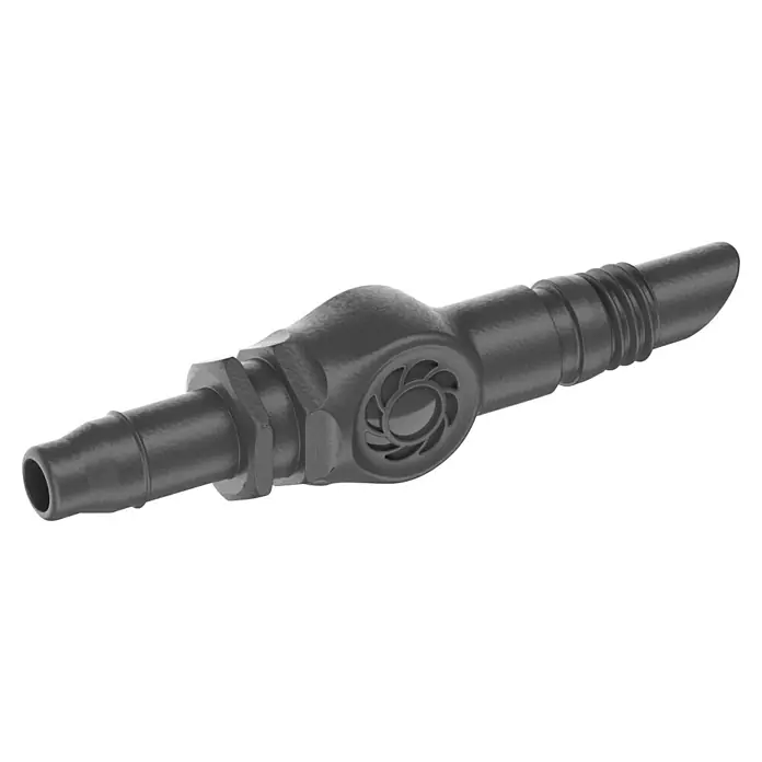 Gardena Micro-Drip Verbinder - 3/16" x 4,6 mm, 10 Stk. - Detailaufnahme eines grauen Rückschlagventils für Schläuche, ideal für diverse Anwendungen. Robuste Bauweise für zuverlässige Leistung.