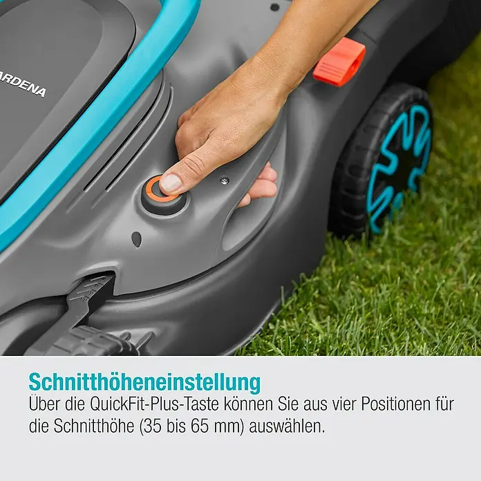 Gardena Power for All 18V Akku-Rasenmäher PowerMax 32/18V - 18 V, Ohne Akku, Schnittbreite: 32 cm - Nahaufnahme des Gardena Rasenmähers, Fokus auf die Schnitthöheneinstellung.