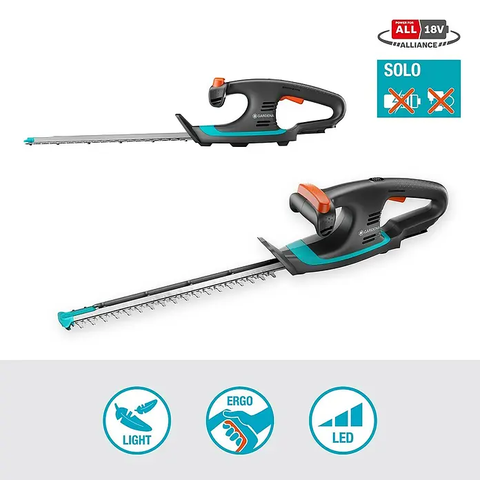 Gardena Power for All 18V Akku-Heckenschere EasyCut - 18 V, Li-Ionen, Ohne Akku - Abbildung einer GARDENA Akku-Heckenschere, die ein ergonomisches Design, geringes Gewicht und LED-Anzeige bietet.
