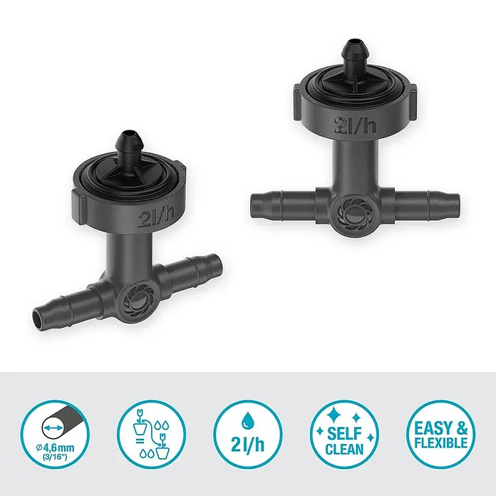 Gardena Micro-Drip Reihentropfer druckregulierend - 10 Stk. - Abbildung von zwei schwarzen Bewässerungsverteilern für die Gartenbewässerung mit einer Kapazität von 2 l/h.