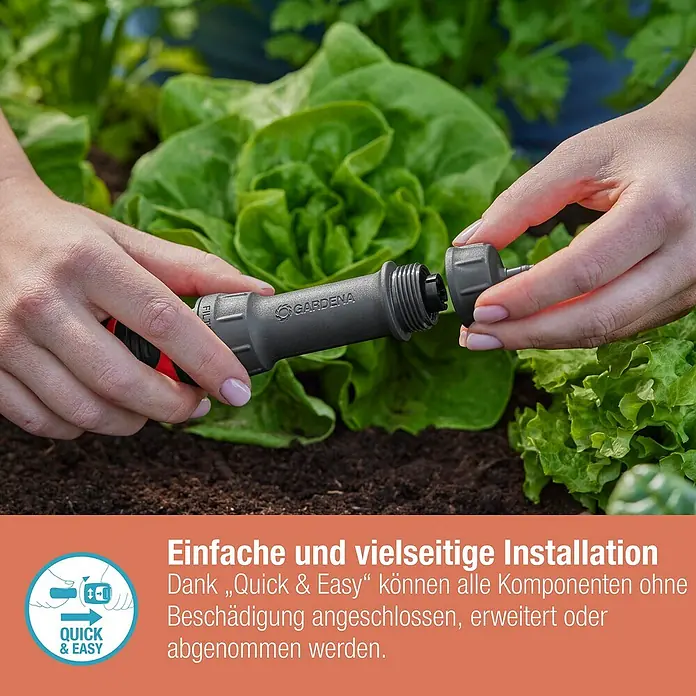 Gardena Micro-Drip Basisgerät 1000 - 1 Stk., Max. Wasserdurchfluss: 1.000 l/h - Nahaufnahme einer Gardena-Bewässerungskomponente, die die einfache Installation mit dem "Quick & Easy"-System hervorhebt.
