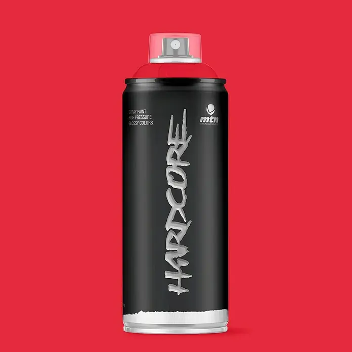mtn Pintura decorativa en spray Hardcore - Rojo claro, Resplandeciente, 400 ml - Bote de spray MTN Hardcore en negro con tapa roja, ideal para grafitis profesionales y proyectos artísticos. Alta cobertura y secado rápido.
