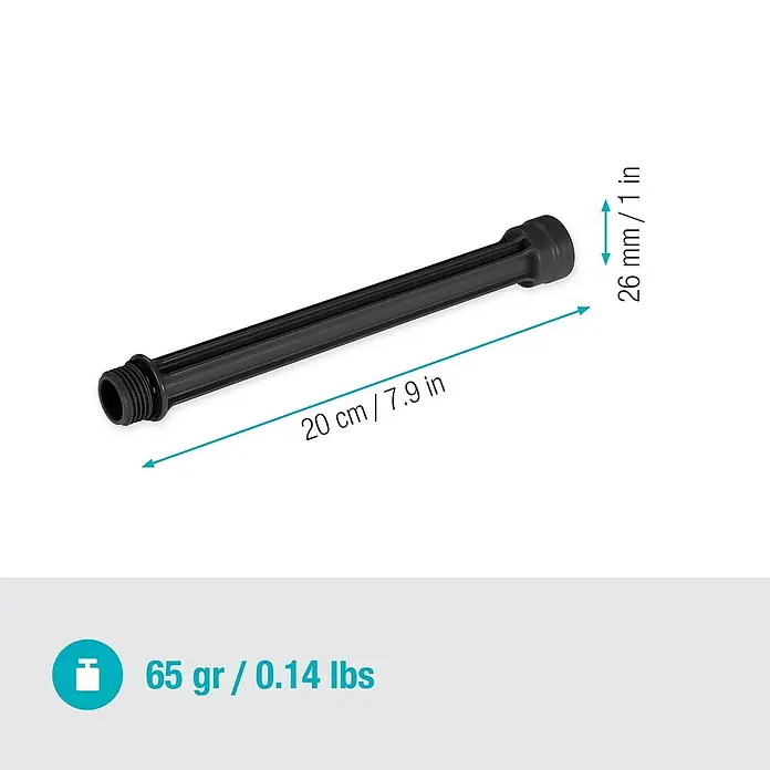 Gardena Micro-Drip Verlängerungsrohr für OS 90 - 2 Stk., Länge: 20 cm - Abbildung eines schwarzen Verlängerungsstücks mit den Maßen 20 cm Länge und 26 mm Durchmesser.