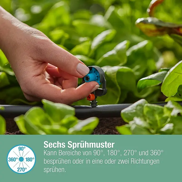 Gardena Micro-Drip Sprühdüse 6 in 1 - Durchmesser Anschluss: 13 mm, Quick & Easy-Verbindungstechnik - Nahaufnahme eines einstellbaren Sprühkopfes für die Gartenbewässerung mit sechs Sprüh mustern.