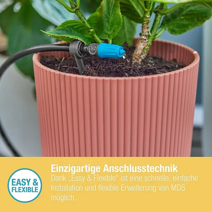 Gardena Micro-Drip Regulierbarer Endtropfer - 10 Stk., Max. Wasserdurchfluss: 15 l/h - Nahaufnahme eines Bewässerungssystems für Topfpflanzen mit dem Hinweis auf einfache Installation und Flexibilität.
