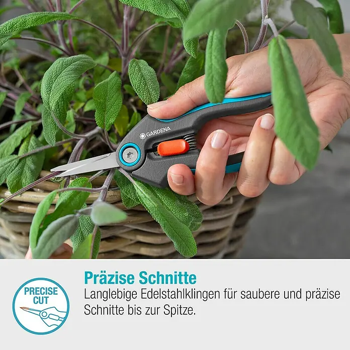 Gardena Schere FreshCut - Geeignet für: Kräuter - Eine Hand schneidet mit einer Gardena-Schere Blätter. Die Schere hat graue Griffe mit blauen Akzenten und eine orangefarbene Taste.