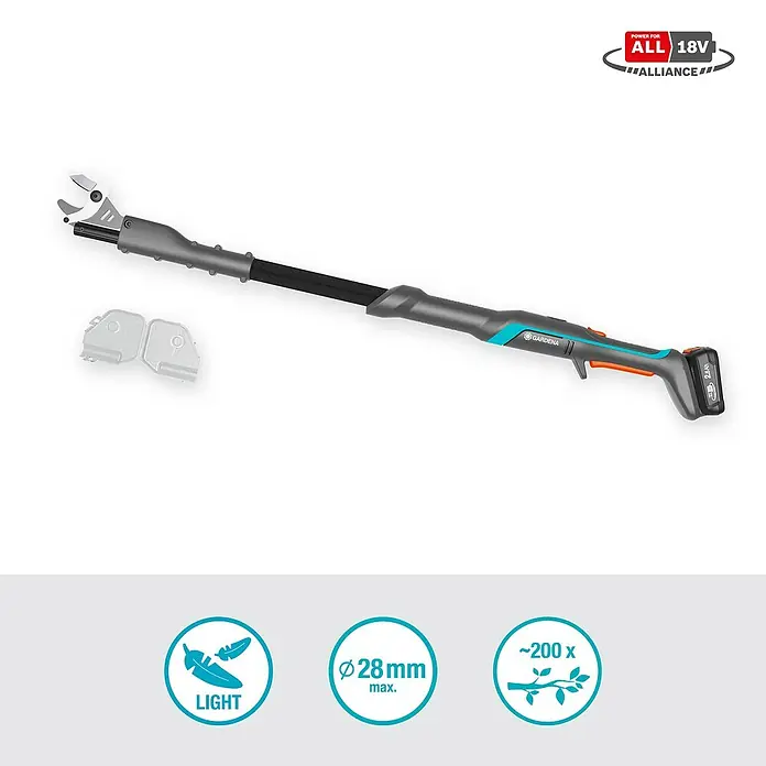 Gardena Power for All 18V Baumschere EasyCut - 18 V, 1 Akku, Max. Aststärke: 32 mm - Abgebildete Gartenschere von Gardena mit Akku, ideal für den Baumschnitt. Die Schere ermöglicht einen einfachen und kabellosen Einsatz im Garten.