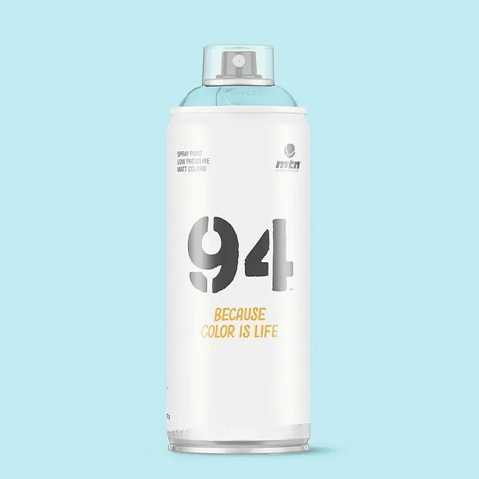 mtn Pintura decorativa en spray 94 - Azul lluvia, Mate, 400 ml - Una lata de pintura en aerosol MTN 94 con diseño azul claro, conocida por su baja presión y colores mate. Ideal para proyectos creativos.