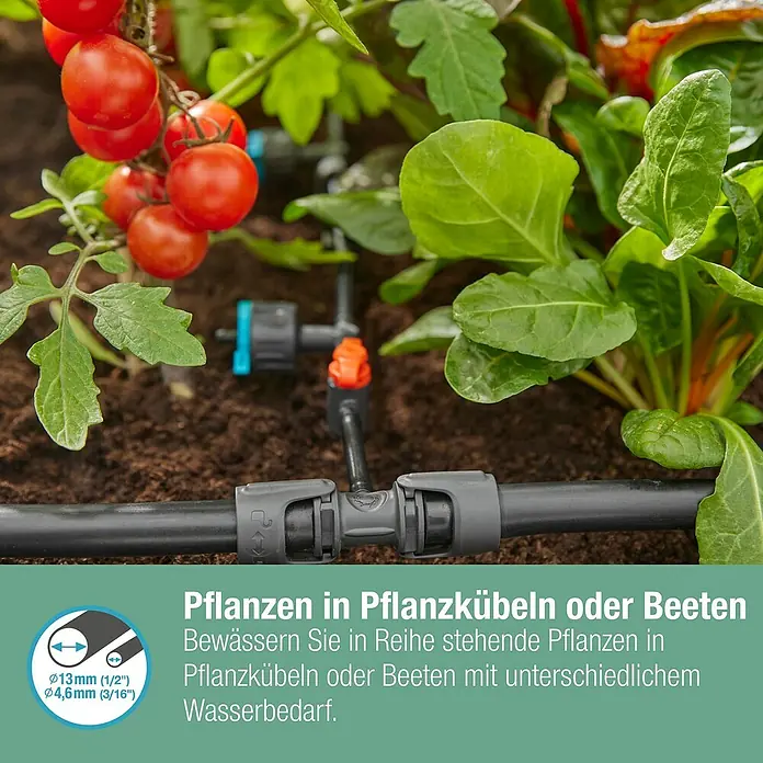 Gardena Micro-Drip Reihentropfer druckregulierend - 5 Stk., Max. Wasserdurchfluss: 8 l/h - Nahaufnahme des Gardena Micro-Drip-Systems zur Bewässerung von Pflanzen in Pflanzgefäßen oder Beeten.
