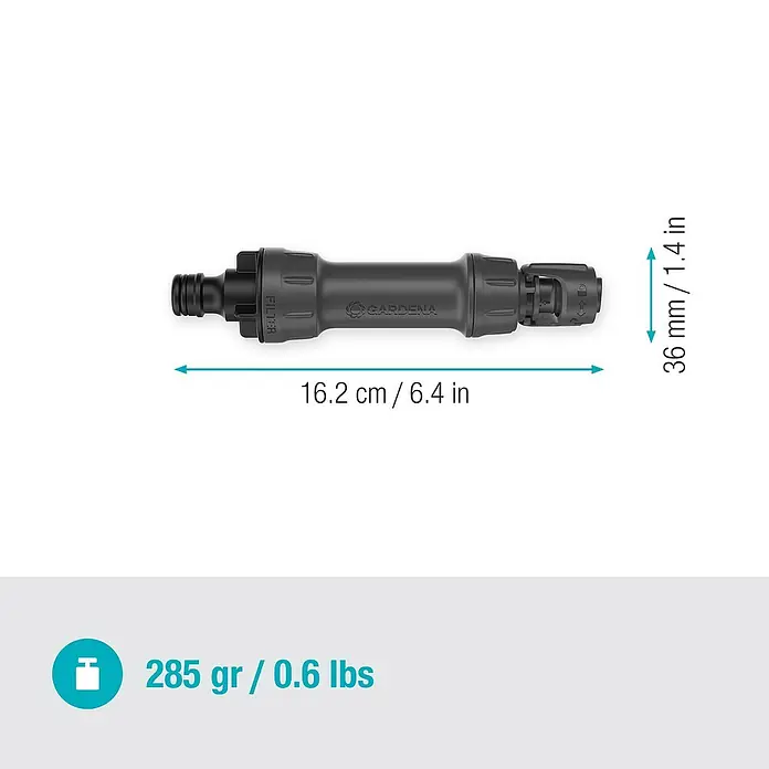 Gardena Micro-Drip Basisgerät 1000 - 1 Stk., Max. Wasserdurchfluss: 1.000 l/h - Abbildung eines Gardena-Filters mit Maßangaben zu Länge, Durchmesser und Gewicht für informative Produktzwecke.