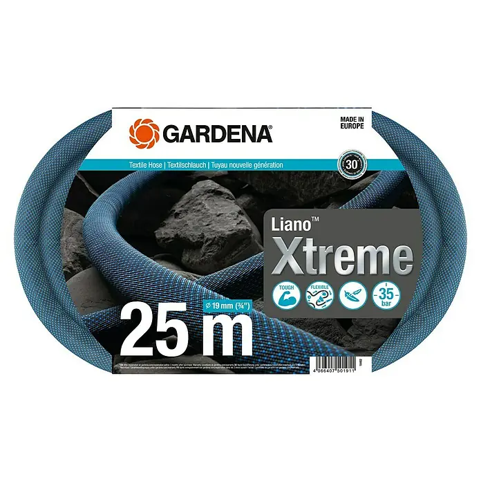 Gardena Gartenschlauch Liano Xtreme Set - 25 m, Schlauchdurchmesser: 19 mm - GARDENA Liano™ Xtreme Textilschlauch: Robust, flexibel und druckbeständig bis 35 bar. Ideal für anspruchsvolle Gartenbewässerung.