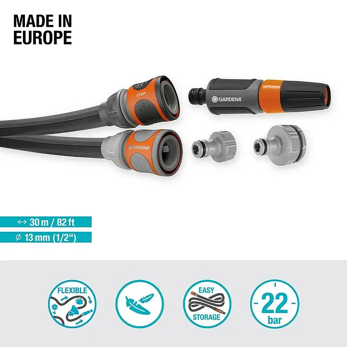 Gardena Gartenschlauch Liano Life Set - 30 m, Schlauchdurchmesser: 13 mm - Abbildung des Gardena Flex-Schlauch-Sets: 30 m flexibler Schlauch mit Adaptern und Düse für die einfache Gartenbewässerung.