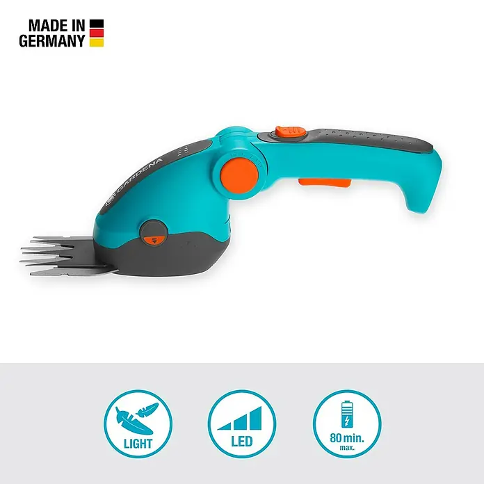 Gardena ComfortCut Akku-Grasschere Li - 3,6 V, 1 Akku, Schwertbreite: 8 cm, Akkulaufzeit: 80 min - Bild einer akkubetriebenen Grasschere von Gardena mit ergonomischem Griff, die für präzise Rasenkantenschnitte konzipiert ist.