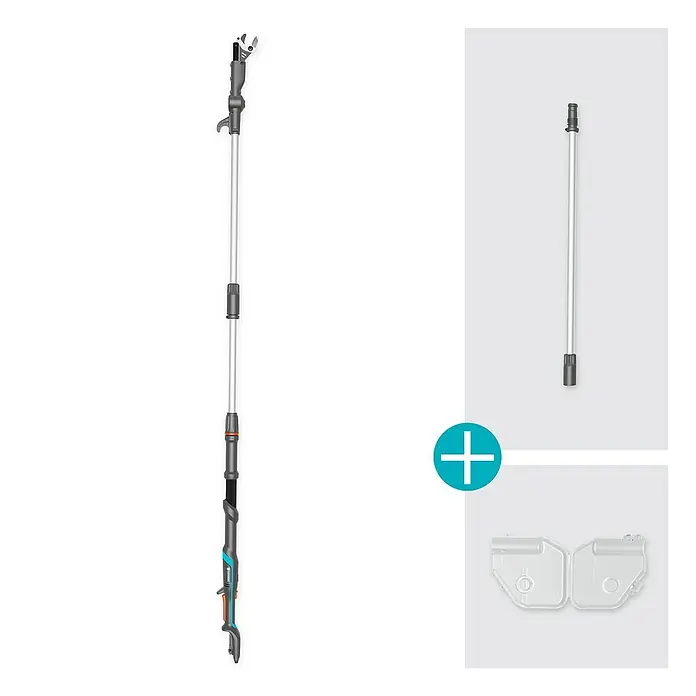 Gardena Power for All 18V Baumschere HighCut - 18 V, Ohne Akku, Max. Aststärke: 28 mm, Länge: 360 cm - Eine Gardena Hochentaster-Kombination mit einer Teleskopstange, einem Verlängerungsstück, einer Schutzhülle und einem Pluszeichen.