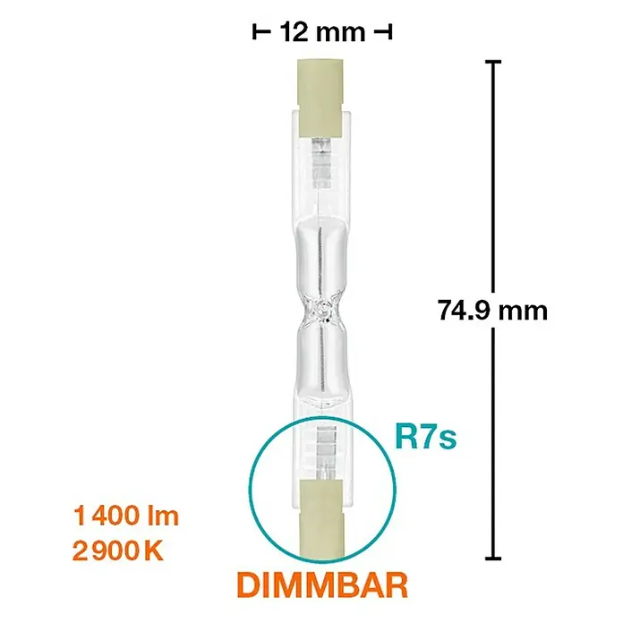 Osram Halogenstab Haloline ECO Superstar - 80 W, R7s, Warmweiß, Länge: 80,3 mm - Produktbild einer R7s Dimmbar Halogenlampe mit den Maßen 74.9 x 12 mm und 1400 lm bei 2900 K für stimmungsvolle Beleuchtung.