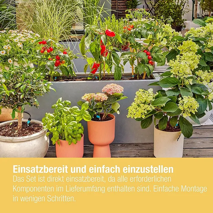 Gardena Micro-Drip Bewässerungs-Set Terrasse Start-Set - Passend für: Bis zu 30 Topfpflanzen - Vielfältiger Garten mit Bewässerungssystem. Verschiedene Pflanzen wie Tomaten, Paprika und Blumen in Töpfen und Kästen.