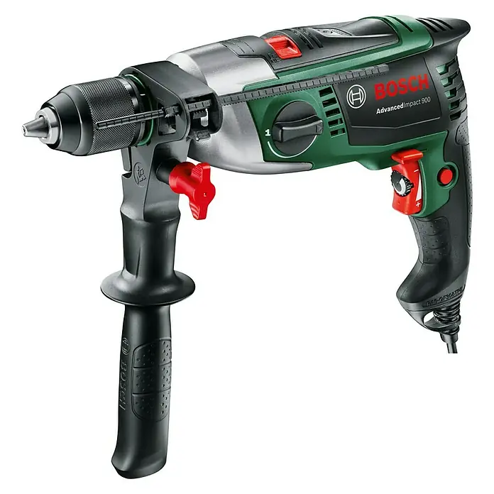 Bosch Advanced Schlagbohrmaschine AdvancedImpact 900 - 900 W, Schnellspannbohrfutter - Die Bosch AdvancedImpact 900 Schlagbohrmaschine mit Zusatzgriff und rotem Knopf vor schwarzem Hintergrund.