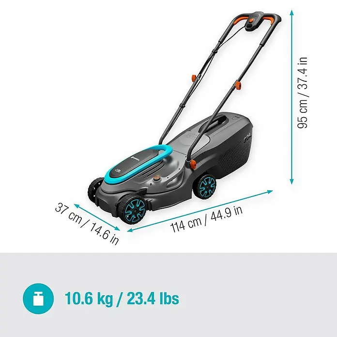 Gardena Power for All 18V Akku-Rasenmäher PowerMax 32/18V - 18 V, 1 Akku, 4 Ah, Schnittbreite: 32 cm - Abbildung eines Gardena Akku-Rasenmähers mit Abmessungen und Gewicht.