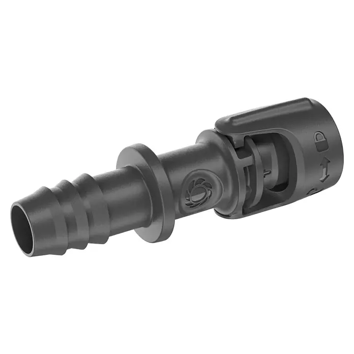 Gardena Micro-Drip Verbinder - 1/2" x 13 mm, Passend für: Gardena Verlegerohre, 1 Stk. - Nahaufnahme einer schwarzen Schlauchverbindung, die ein robustes Design und eine sichere Befestigung für Schläuche bietet.