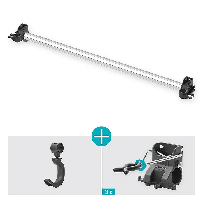 Gardena Halterung Plus - Traglast: 10 kg - Das Bild zeigt eine Gardena Gerätehalterung, bestehend aus einer Metallschiene und Befestigungselementen zur Aufbewahrung von Gartengeräten.