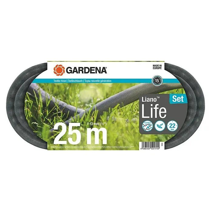 Gardena Gartenschlauch Liano Life Set - 25 m, Schlauchdurchmesser: 13 mm - Abgebildete Gardena Liano Life Schlauchgarnitur, 25 m Länge, mit 13 mm Durchmesser, flexibel und bis 22 bar belastbar, ideal für Gartenbewässerung.