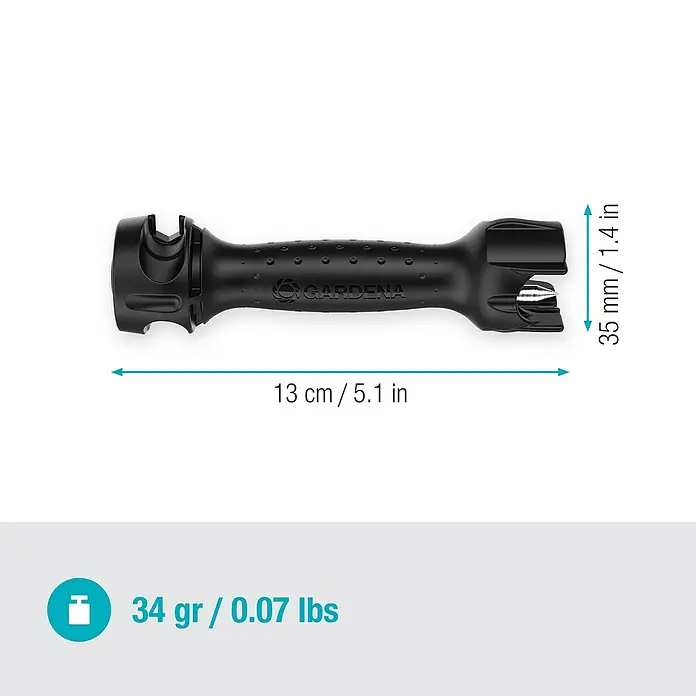 Gardena Micro-Drip Vorstecher - Passend für: Gardena Micro-Drip Artikel & Lochung des Verlegerohres, Kunststoff, Schwarz - Abbildung eines schwarzen GARDENA-Werkzeugs mit den Maßen 13 cm Länge und 35 mm Breite und einem Gewicht von 34 g.