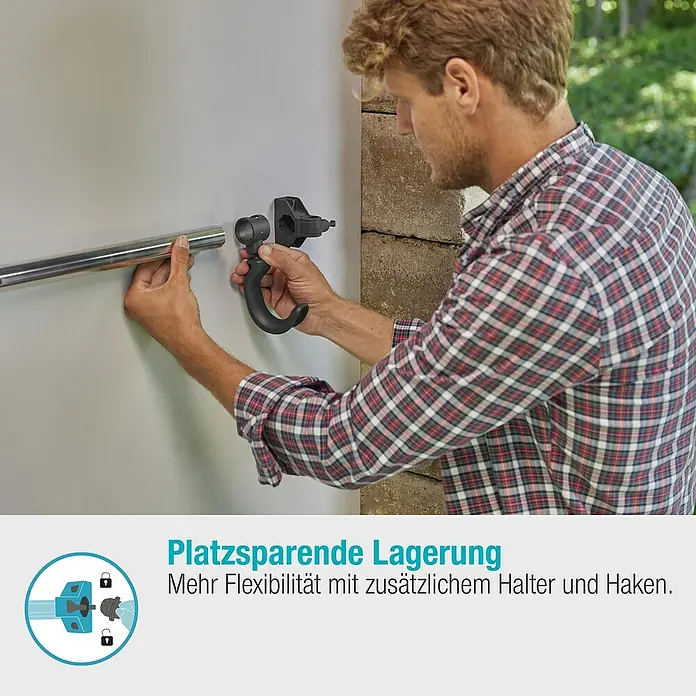 Gardena Halterung Set Einzelhalter & Einzelhaken - Traglast: 10 kg, Aluminium - Bild von einer platzsparenden Lagerung mit zusätzlichem Halter und Haken, die Flexibilität bietet.\n