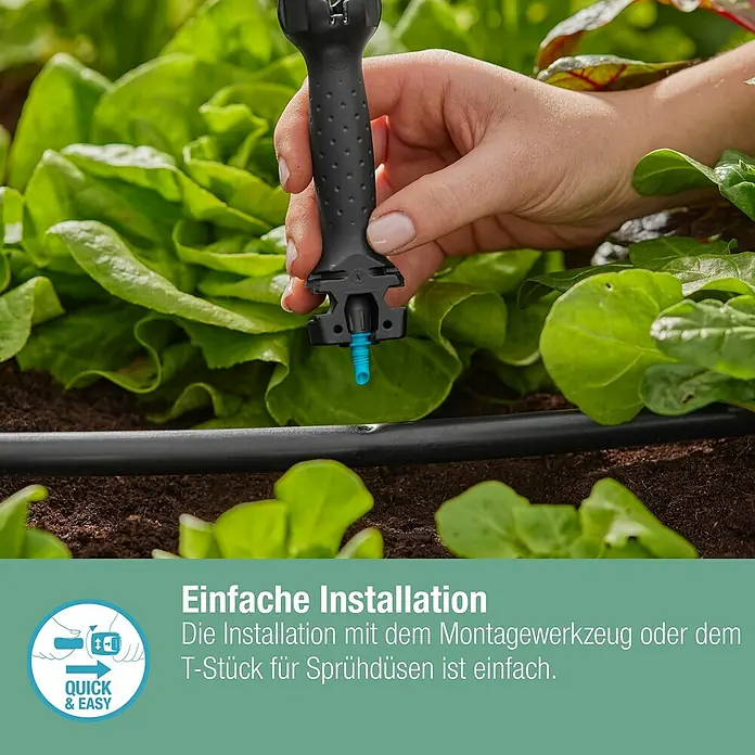 Gardena Micro-Drip Nebeldüse - 1/2" x 13 mm - Bild einer Installation mit einem Montagewerkzeug. Einfache Installation von Bewässerungssystemen im Garten.