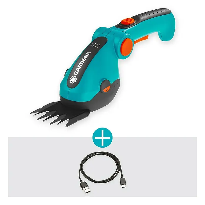 Gardena ComfortCut Akku-Grasschere Li - 3,6 V, 1 Akku, Schwertbreite: 8 cm, Akkulaufzeit: 80 min - Bild einer Gardena Akku-Grasschere mit Ladekabel, ideal für präzise Rasenkanten und Formschnitte.