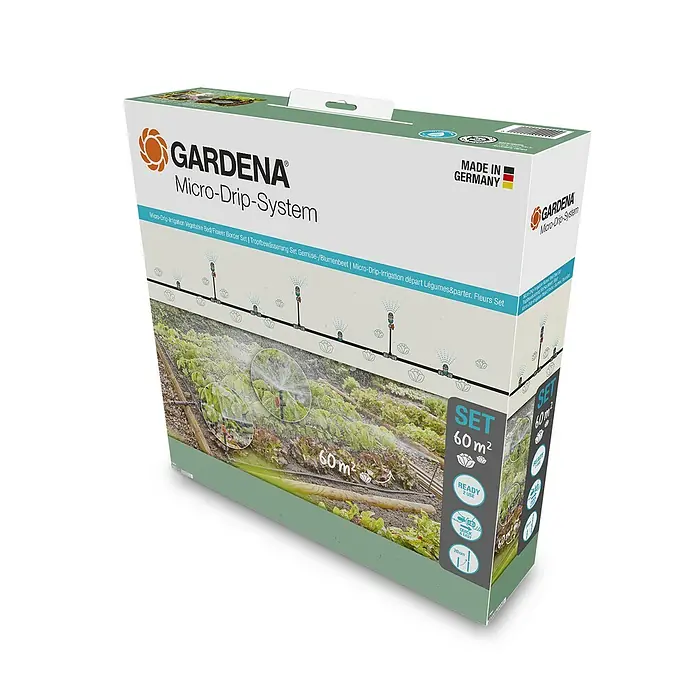 Gardena Micro-Drip Bewässerungs-Set Gemüse-/Blumenbeet Start-Set - Passend für: Gemüse- & Blumenbeete bis 40 m² - Das Gardena Micro-Drip-System für Gemüsebeete und Blumenrabatten, ein Bewässerungsset für bis zu 60 m², ist "Made in Germany".