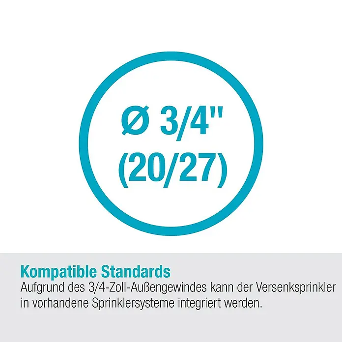 Gardena Sprinklersystem Turbinenversenkregner Pop-up MD40/300 - Max. Regnerfläche: 40 m², Rasenbewässerung - Das Bild zeigt die Angabe "Ø 3/4" (20/27)", die auf die Kompatibilität des Produkts mit 3/4-Zoll-Standards hinweist.