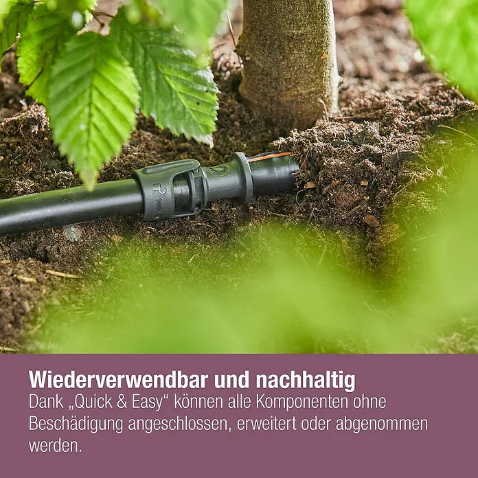 Gardena Micro-Drip Tropfrohr - Schlauchlänge: 25 m, 1,6 l/h - Nahaufnahme eines Bewässerungssystems von Gardena, das in der Erde um eine Pflanze herum installiert ist.