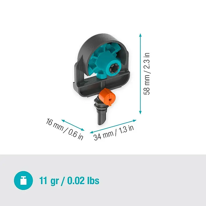 Gardena Micro-Drip Sprühdüse 6 in 1 - Durchmesser Anschluss: 13 mm, Quick & Easy-Verbindungstechnik - Gardena Micro-Drip-System Endtropfer mit Maßen und Gewicht, ideal für eine präzise Bewässerung im Garten.
