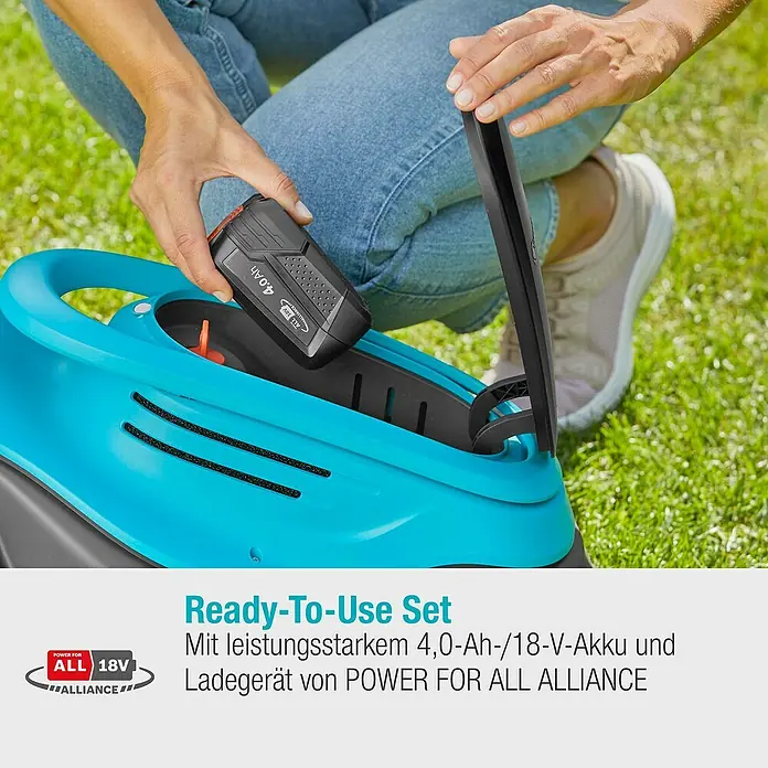 Gardena Power for All 18V Akku-Rasenmäher - 18 V, 1 Akku, 4 Ah, Schnittbreite: 30 cm - Akku-Rasenmäher-Set mit 4,0-Ah-/18-V-Akku und Ladegerät, sofort einsatzbereit für die Gartenarbeit.