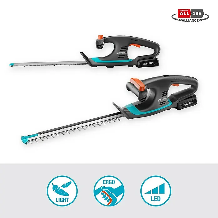 Gardena Power for All 18V Akku-Heckenschere EasyCut - 18 V, Li-Ionen, 1 Akku - Zwei Gardena Akku-Heckenscheren mit präzisen Klingen und ergonomischem Griff. Ideal für müheloses Trimmen von Hecken.