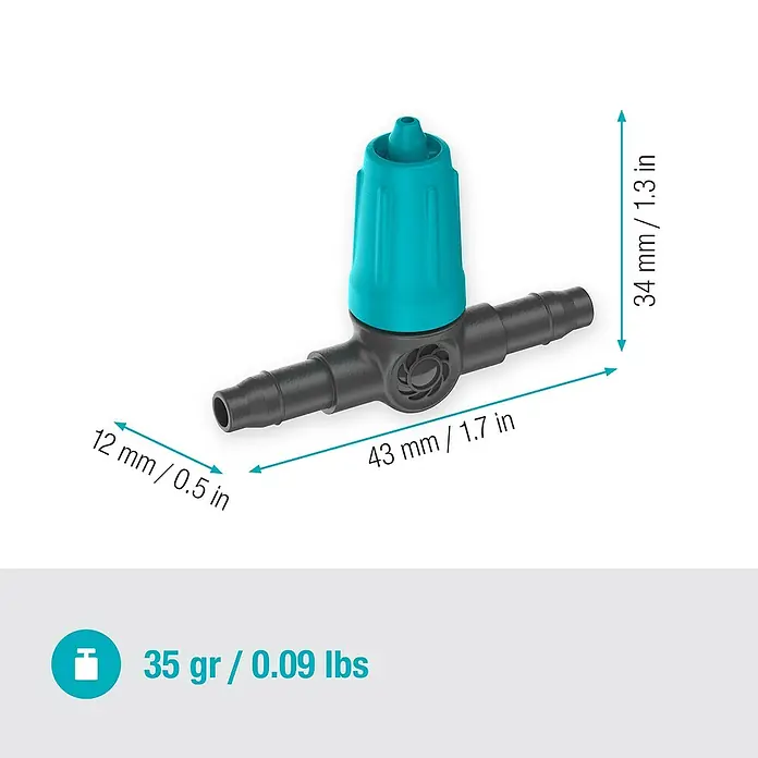Gardena Micro-Drip Regulierbarer Reihentropfer - 10 Stk., 15 l/h - Produktbild einer T-Stück-Wasserarmatur aus Kunststoff mit blauer Einstellschraube und Größenangaben.